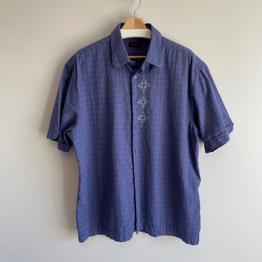 Contigo Mens‎ XL Blue Patterned Short Sleeve Button Up Shirt Casual Embroidered